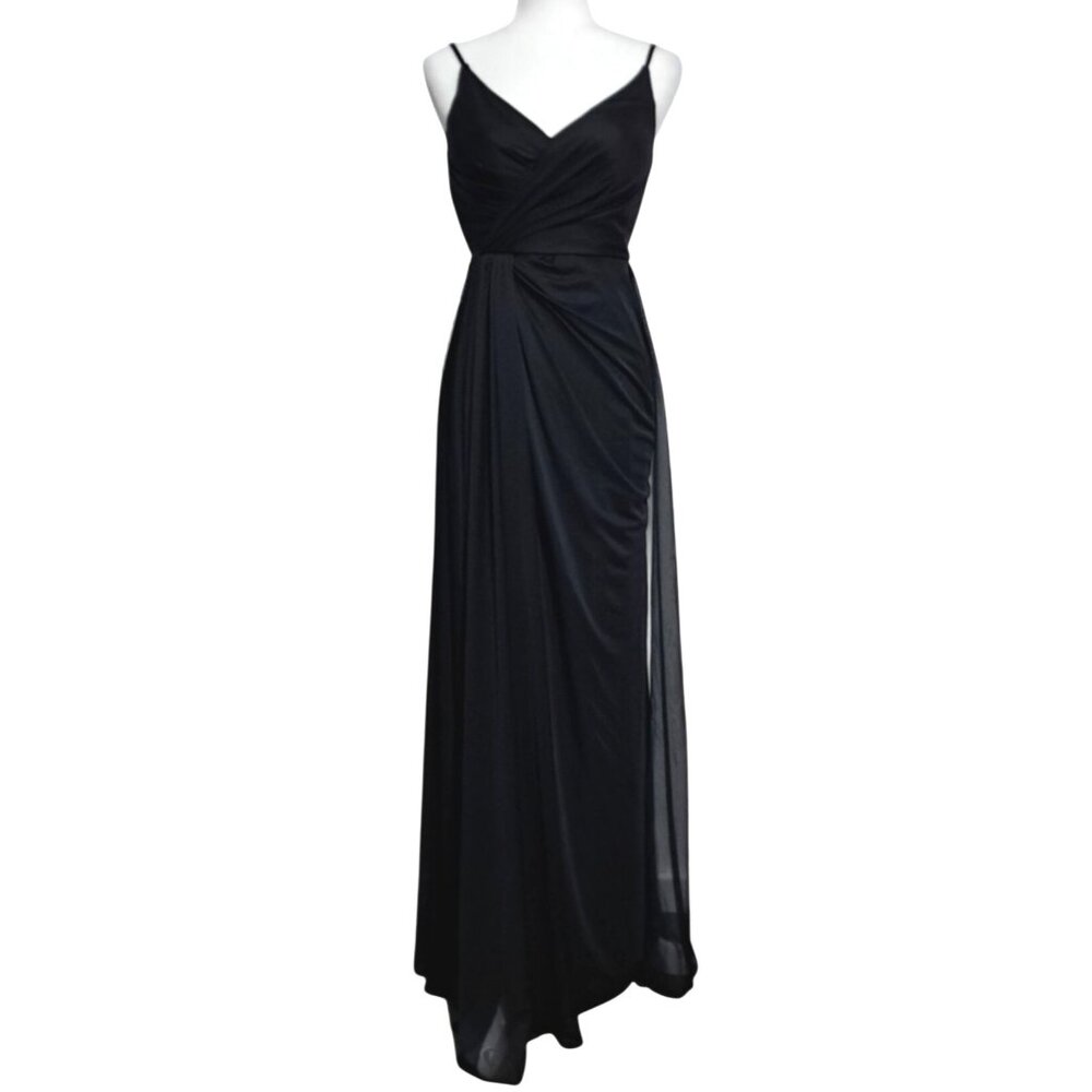 Azazie‎ Evalin Black Gown A0 Elegant V-Neck Drape Flowy Mesh NWT Goth Vamp